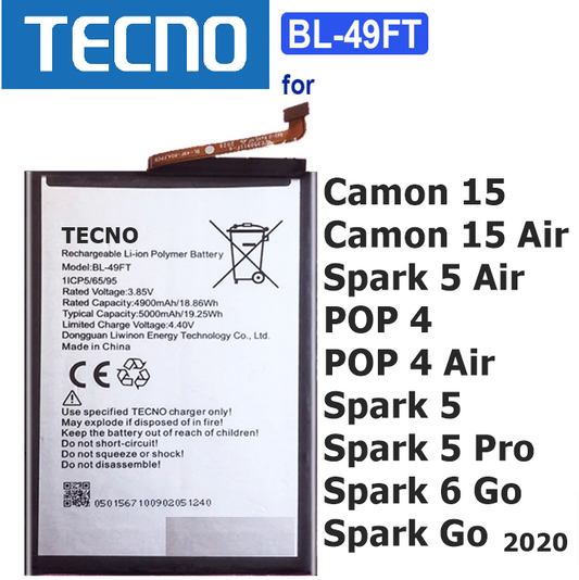 Tecno Spark 7 Pro/Spark 6 Go/Spark Go 2020/Camon 15/Camon 15 Air/Spark 5/Spark 5 Pro/Spark 5 Air/ Pop 4/Pop 4 Air (BL-49FT) Battery